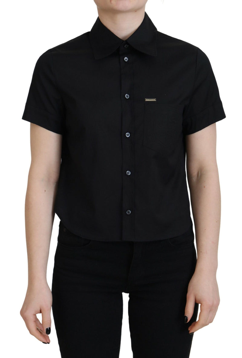 Black Collared Button Down Kurzärmel Polo -Oberteil