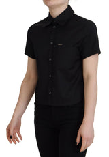 Black Collared Button Down Kurzärmel Polo -Oberteil