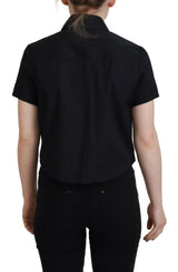 Black Collared Button Down Kurzärmel Polo -Oberteil