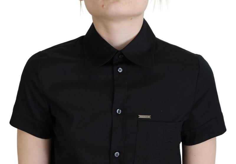 Black Collared Button Down Kurzärmel Polo -Oberteil