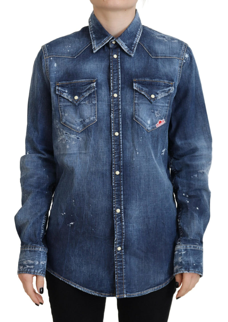 Chemise en jean à collier en coton lavé bleu