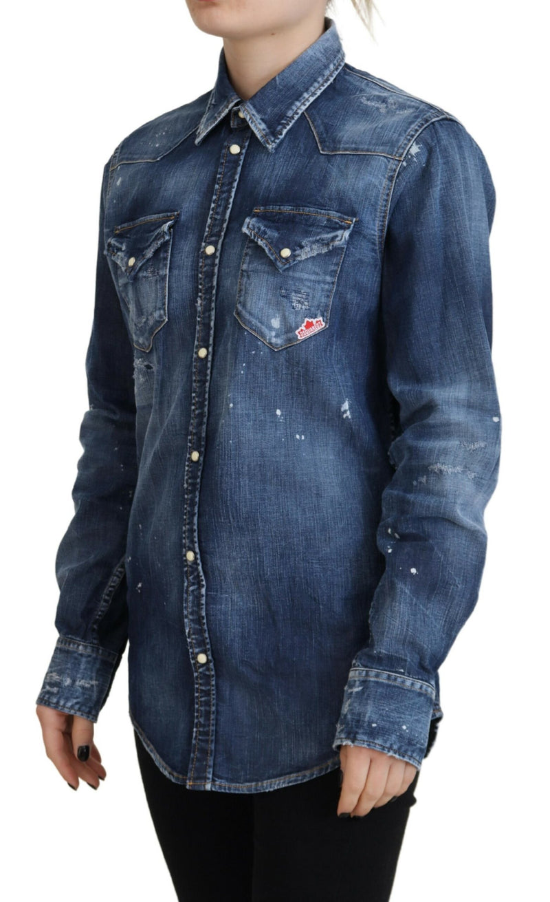 Chemise en jean à collier en coton lavé bleu