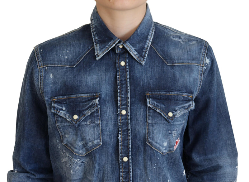 Chemise en jean à collier en coton lavé bleu