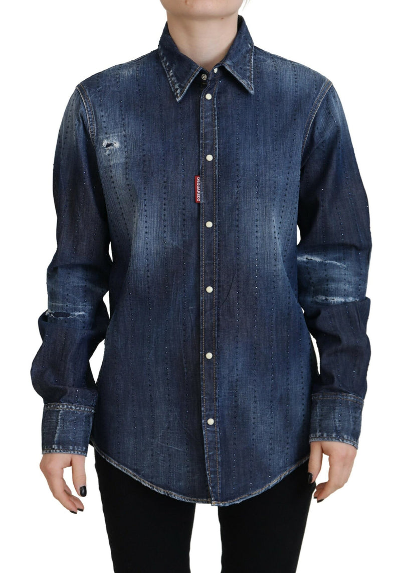 Blau gewaschener Baumwollknopf Down Callared Denim Top