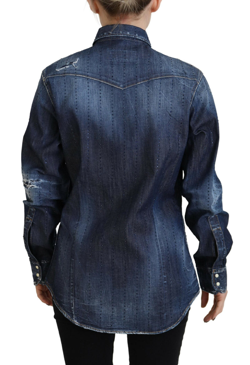 Blau gewaschener Baumwollknopf Down Callared Denim Top