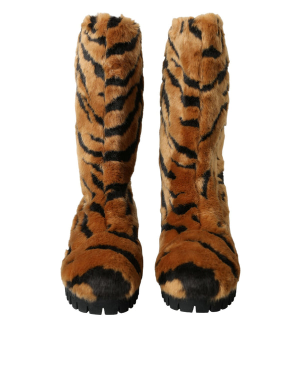 Brown Tiger Fur Leather Mid Malf Boots Παπούτσια