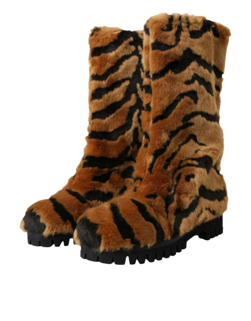 Brown Tiger Fur Leather Mid Malf Boots Παπούτσια