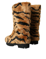 Brown Tiger Fur Leather Mid Malf Boots Παπούτσια