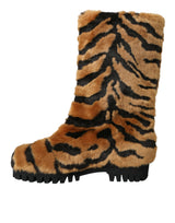 Brown Tiger Fur Leather Mid Malf Boots Παπούτσια