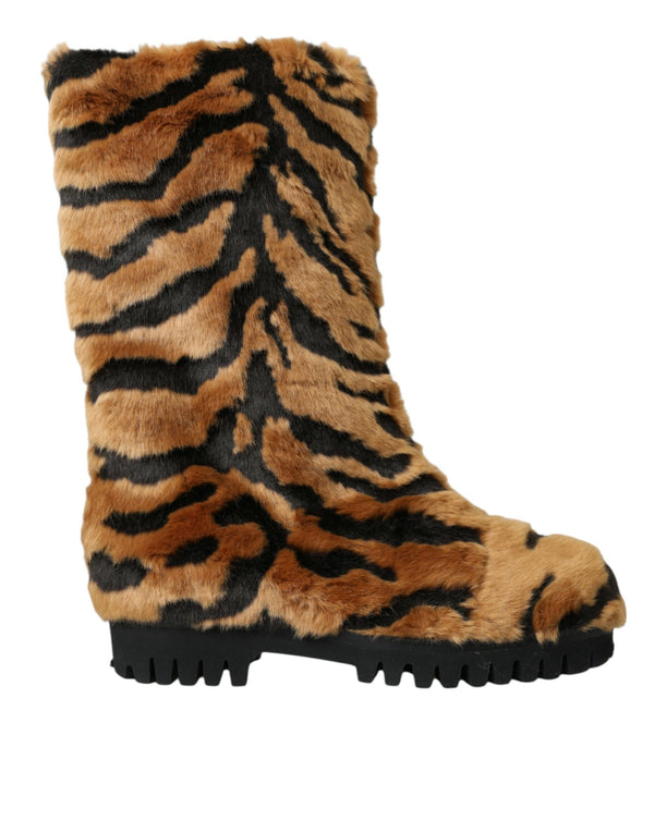 Brown Tiger Fur Leather Mid Malf Boots Παπούτσια