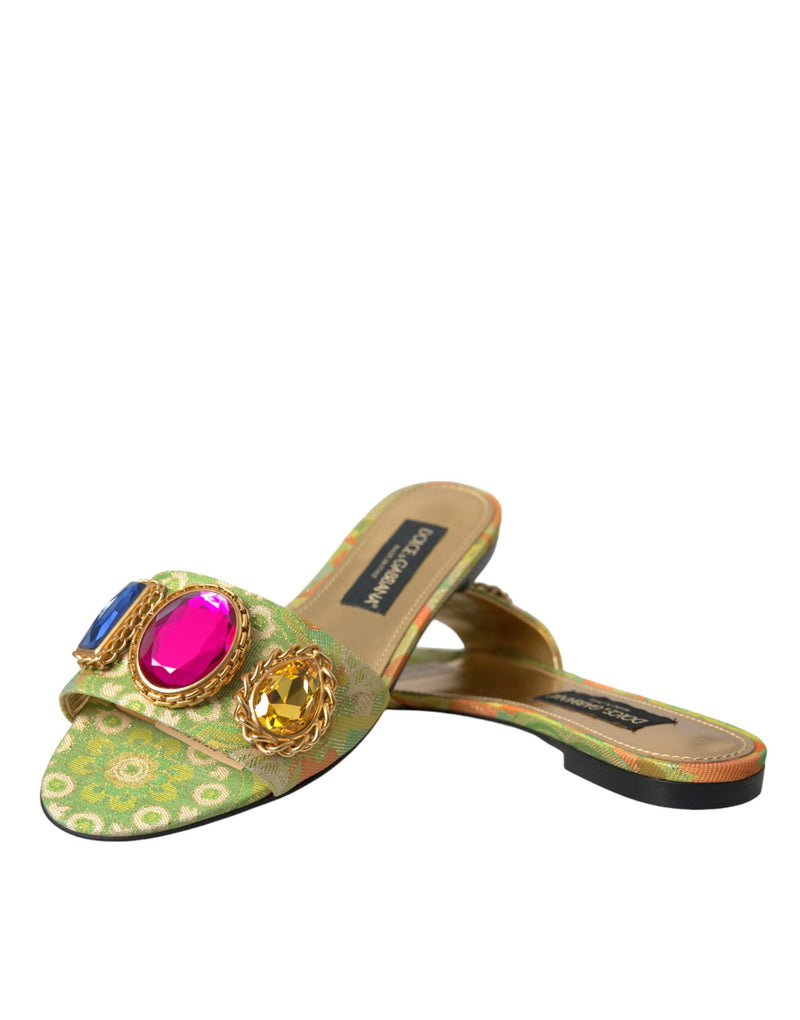 Green Crystal Jacquard Flats Sandals Chaussures