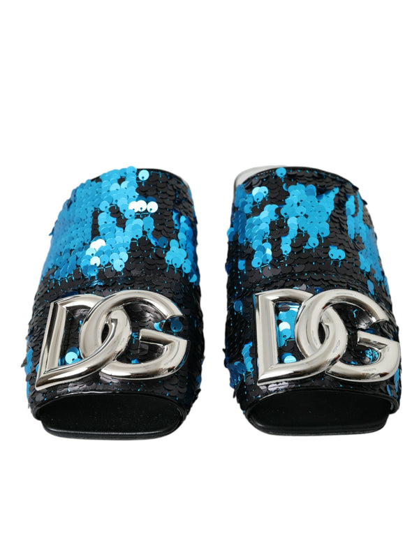 Blue Sequin Logo Slide Sandals Chaussures