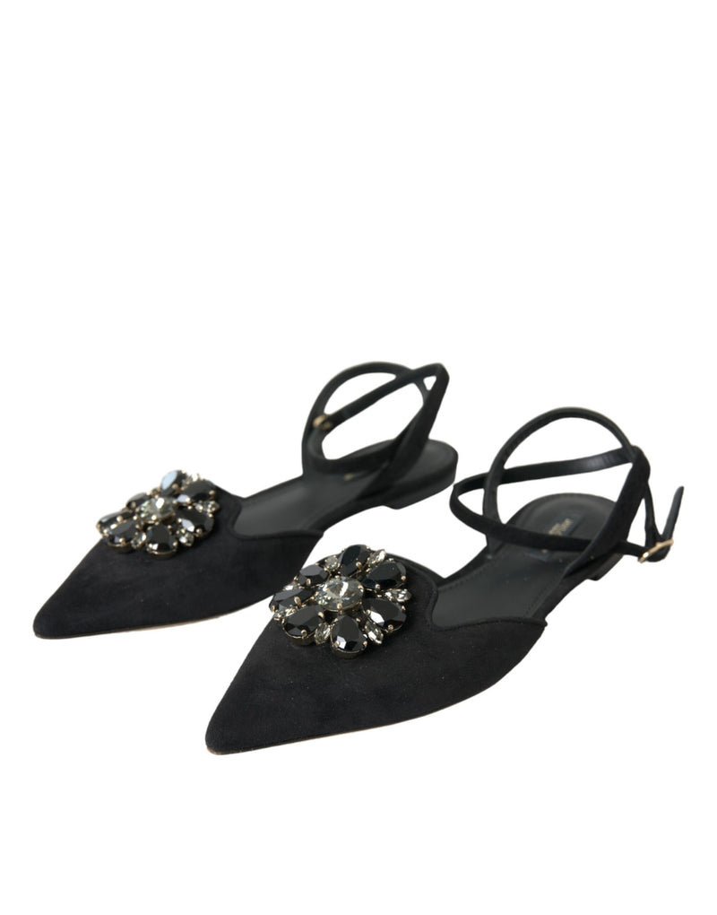 Schwarzer Lederkristall Slingback Sandals Schuhe