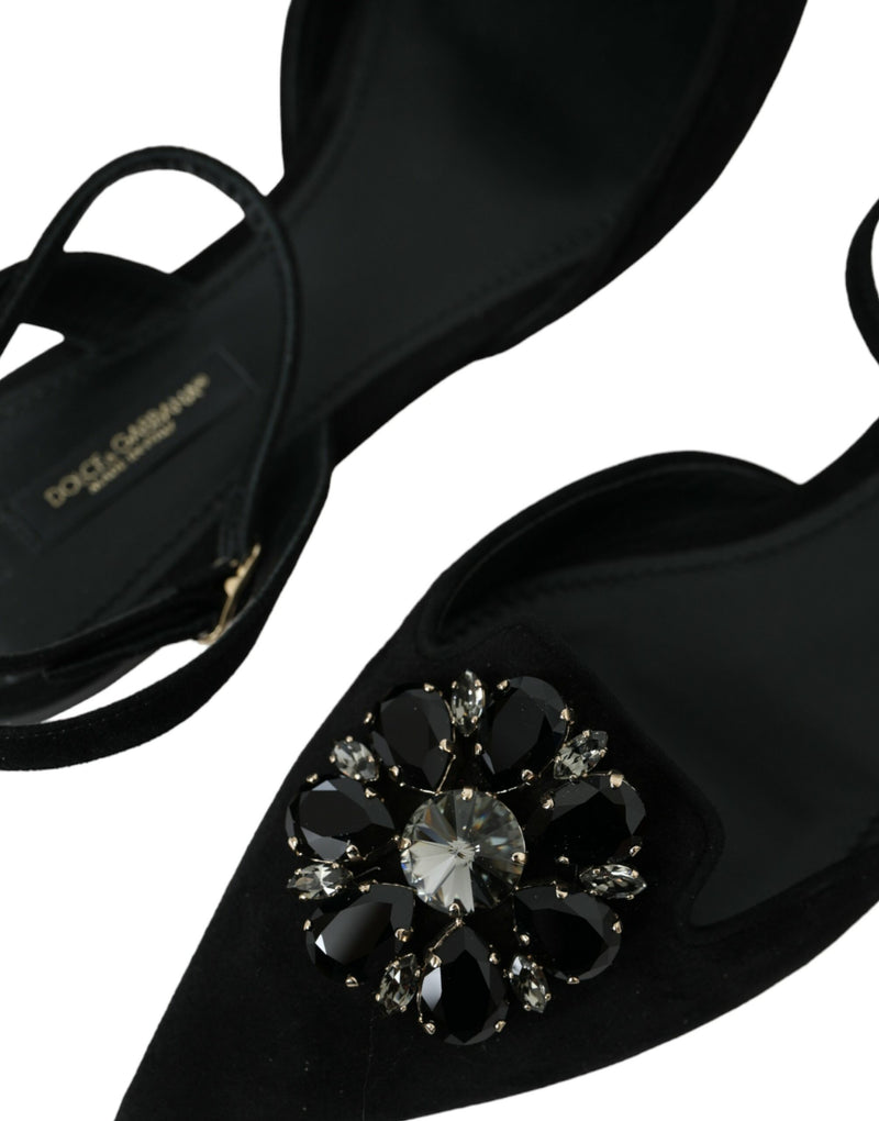 Schwarzer Lederkristall Slingback Sandals Schuhe