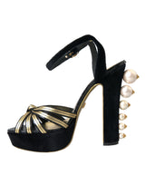 Zapatos de sandalias de tacones adornados con oro negro