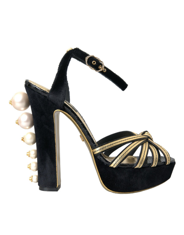 Zapatos de sandalias de tacones adornados con oro negro