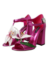 Chaussures de sandales florales en cuir rose