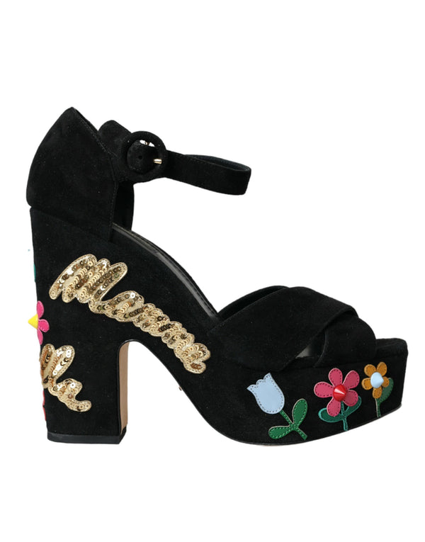 Schwarze Blumen -Knöchelriemen -Absätze Sandalen Schuhe