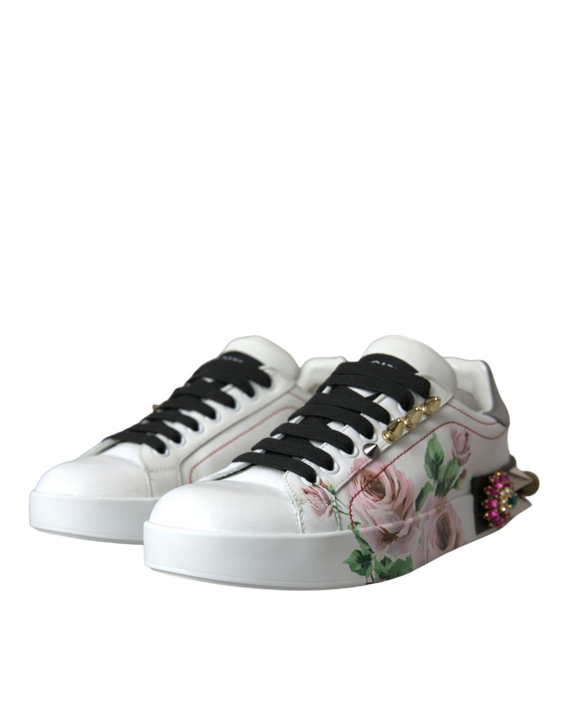 Zapatos de zapatillas de deporte floral de rosas de cristal de cuero blanco