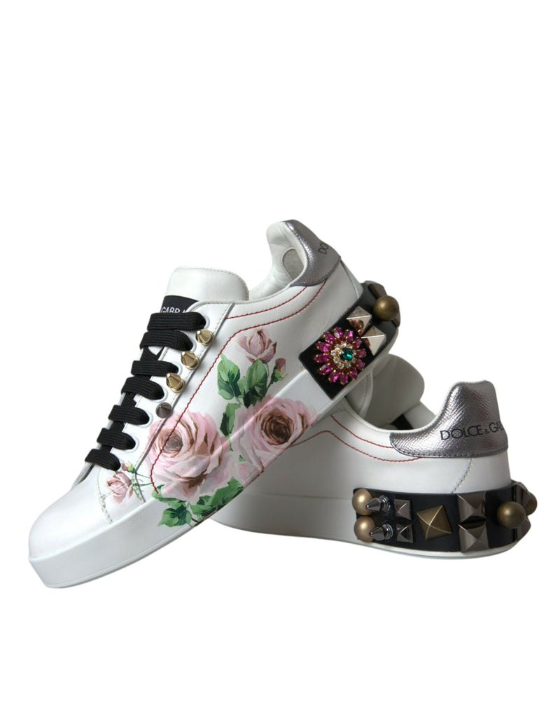 Chaussures de baskets florales en cuir blanc en cuir en cuir blanc