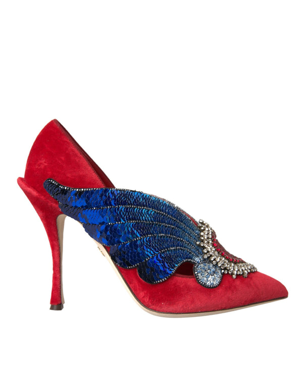 Zapatos de bombeo de tacones de cristal de terciopelo de terciopelo rojo