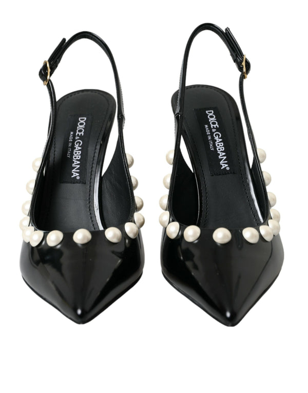 Schwarze Leder -Faux Pearl Heel Slingback Schuhe