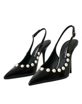 Black Leather Faux Pearl Heel Slingback Shoes