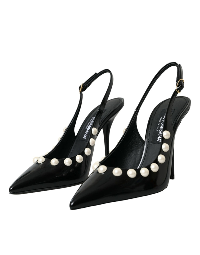 Schwarze Leder -Faux Pearl Heel Slingback Schuhe