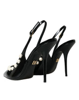 Schwarze Leder -Faux Pearl Heel Slingback Schuhe