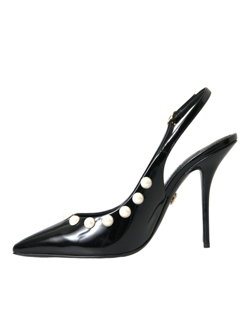 Schwarze Leder -Faux Pearl Heel Slingback Schuhe