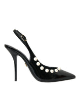 Schwarze Leder -Faux Pearl Heel Slingback Schuhe