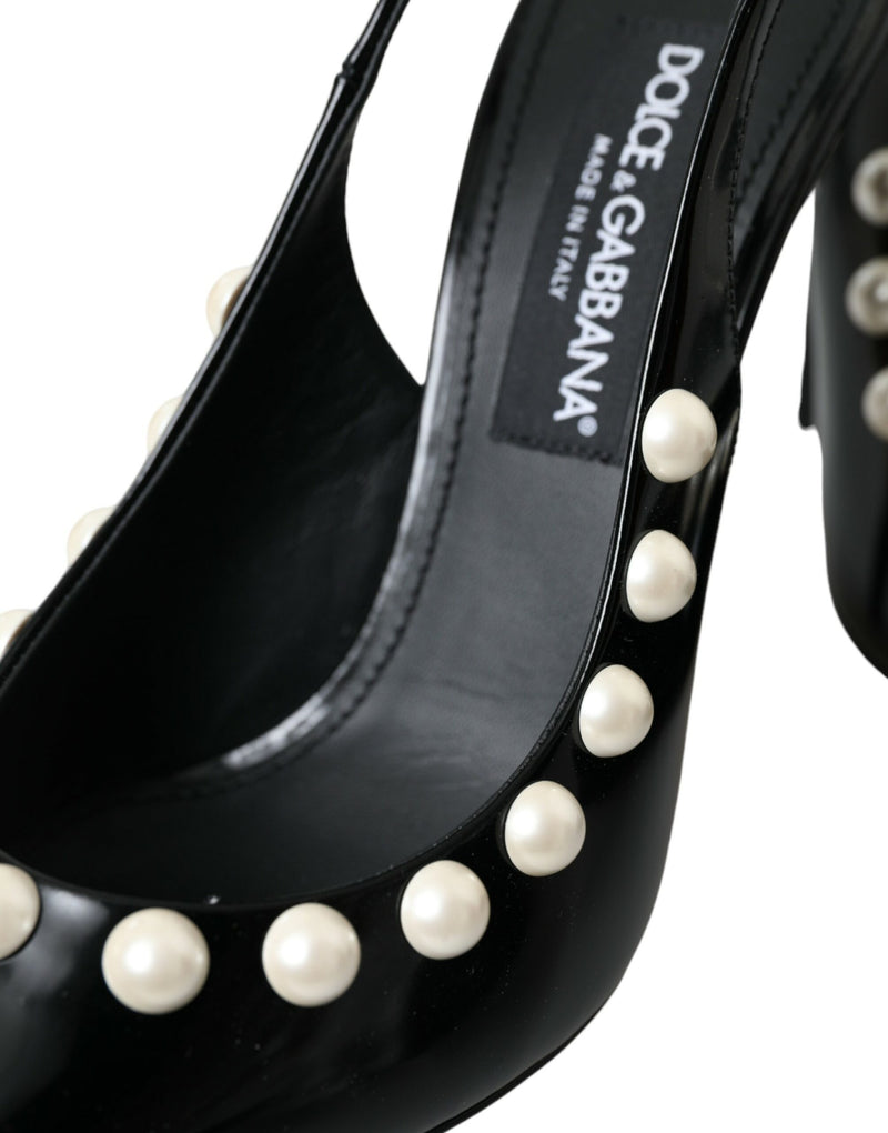 Schwarze Leder -Faux Pearl Heel Slingback Schuhe