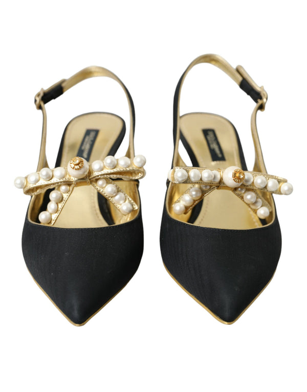 Black Leather Faux Pearls Slingbacks Shoes