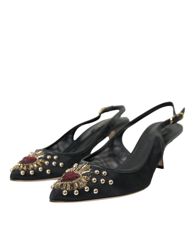 Scarpe con slingback del tallone abbellite in maglia nera