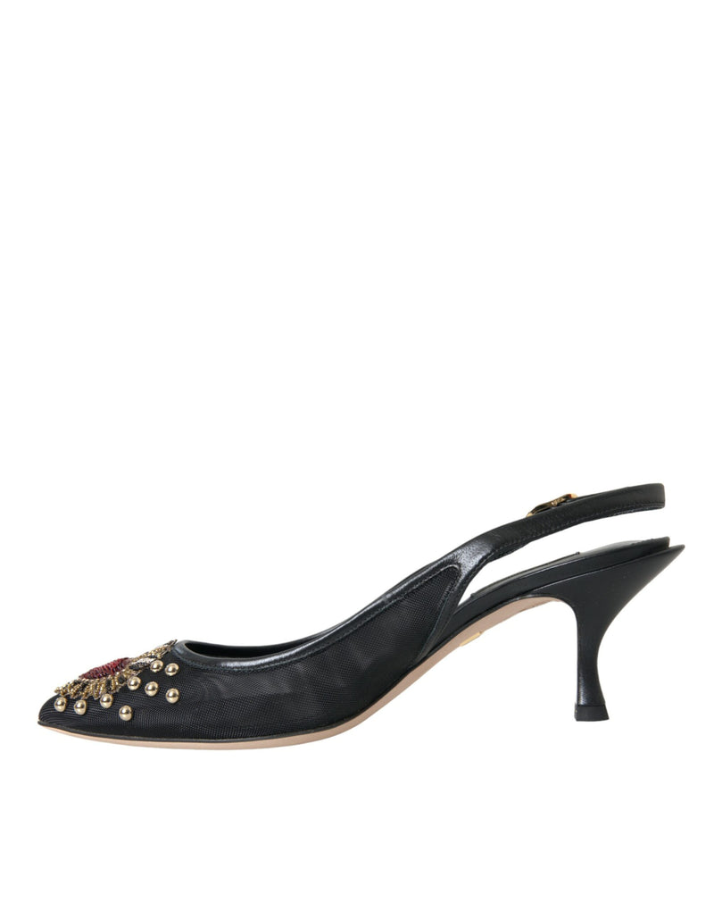 Scarpe con slingback del tallone abbellite in maglia nera