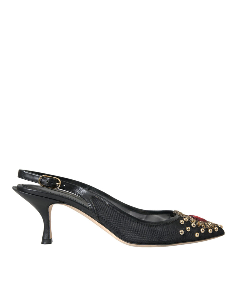 Scarpe con slingback del tallone abbellite in maglia nera