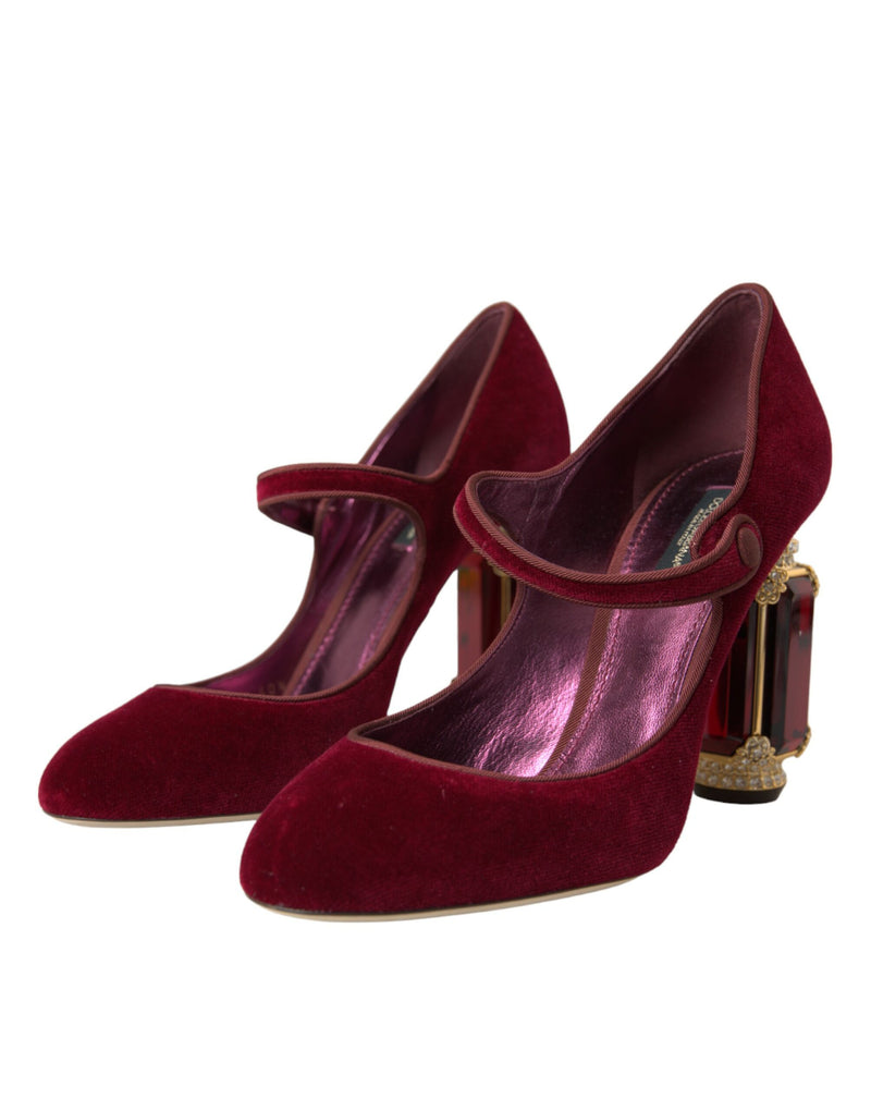 Rote Samt Goldkristalle Heels Mary Jane Schuhe