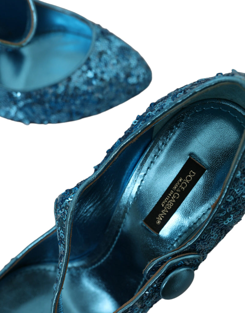 Blue Sequin Mary Jane Pumps High Heels Shoes