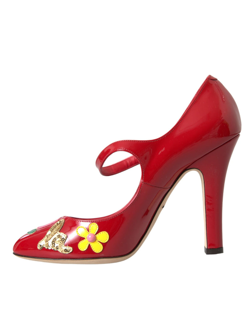 Cuir rouge embelli Mary Jane Pumps talons chaussures