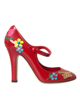 Cuir rouge embelli Mary Jane Pumps talons chaussures