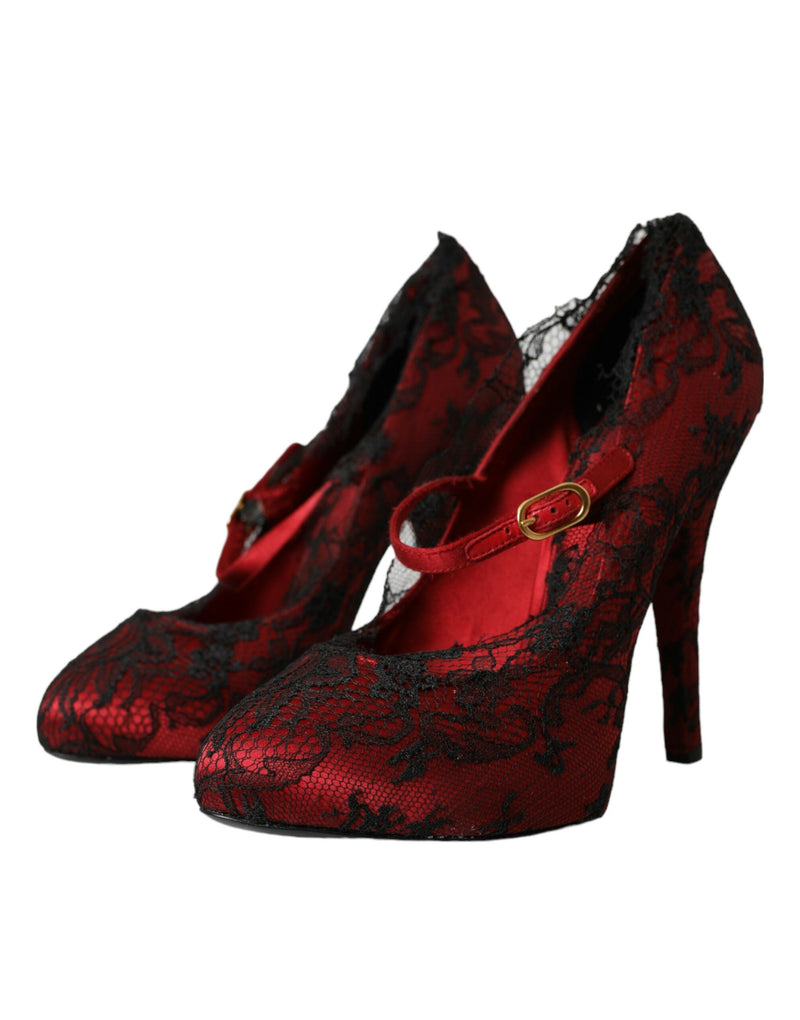 Chaussures en dentelle florale rouge noir Mary Jane