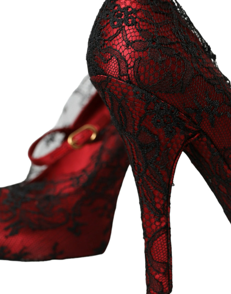 Chaussures en dentelle florale rouge noir Mary Jane