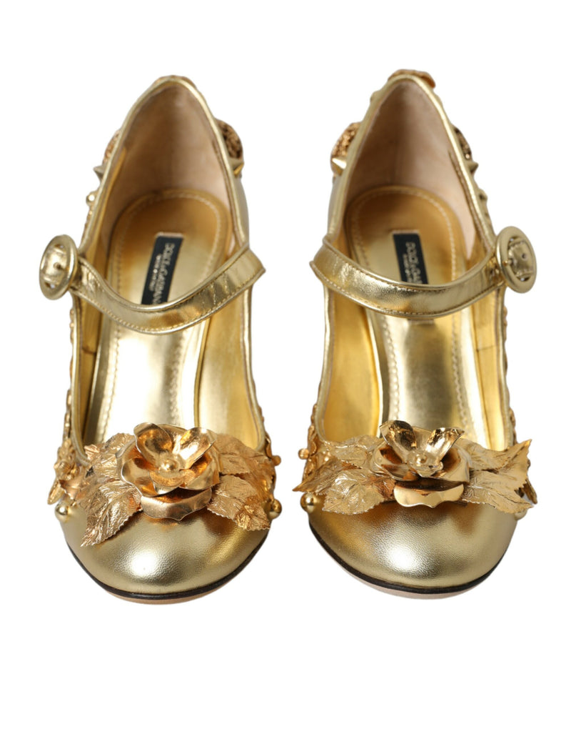 Gold Leather Crystal Mary Janes Pumps Shoes