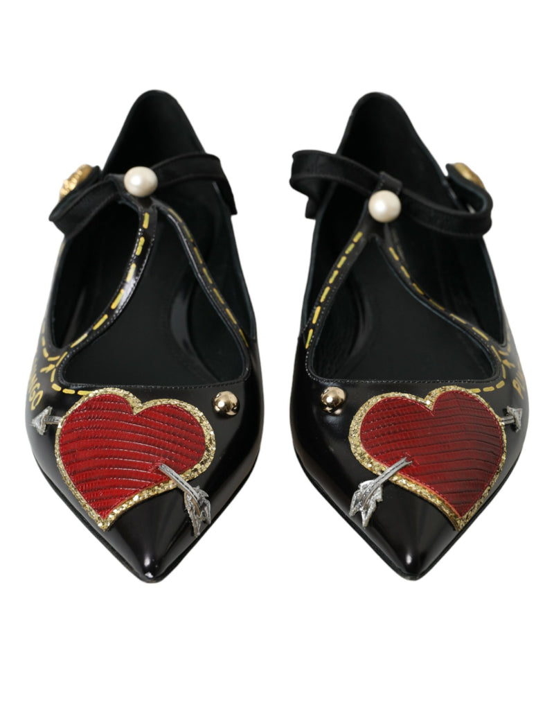 Black Leather Heart Embellished Loafers Shoes