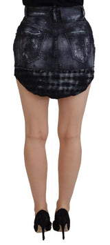 Black Checkered High Taist A-Line Denim Mini jupe