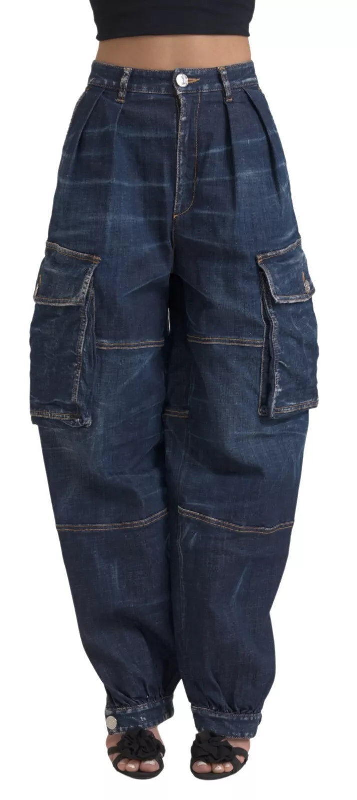 Blue High Taist Cotton Cargo Baggy Denim Jeans