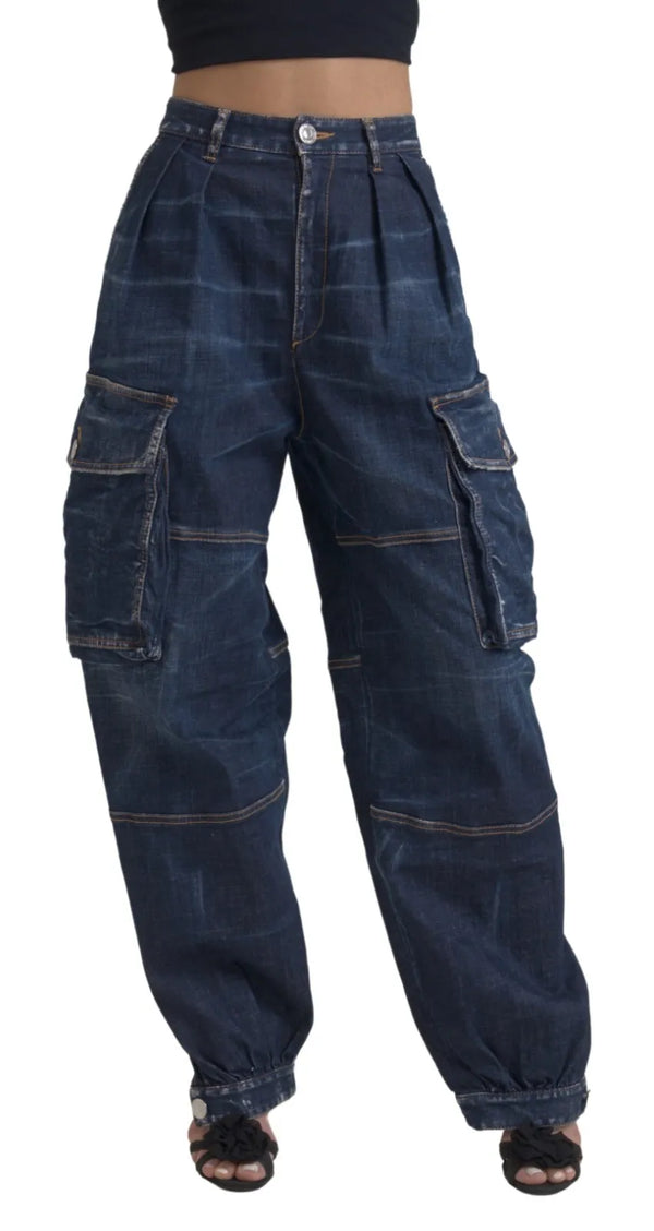 Blau hohe Taille Baumwollfracht Baggy Jeans Jeans