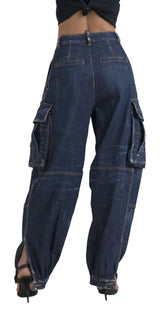 Blue High Taist Cotton Cargo Baggy Denim Jeans