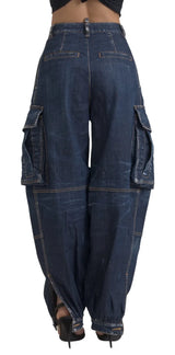 Blue High Taist Cotton Cargo Baggy Denim Jeans