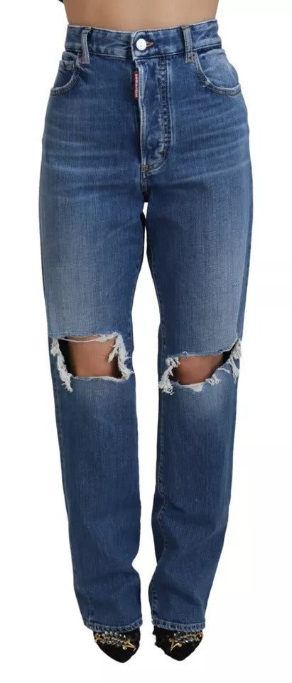 Blue Distressed High Taille gerade Jeans Jeans